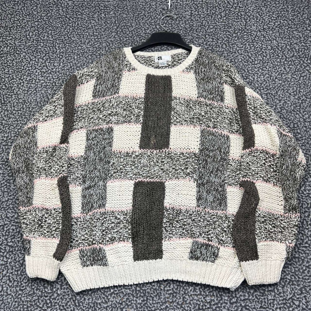 Reunion Sweater Men Large Gray Cream Silk Blend Chunky Knit Geometric Block L